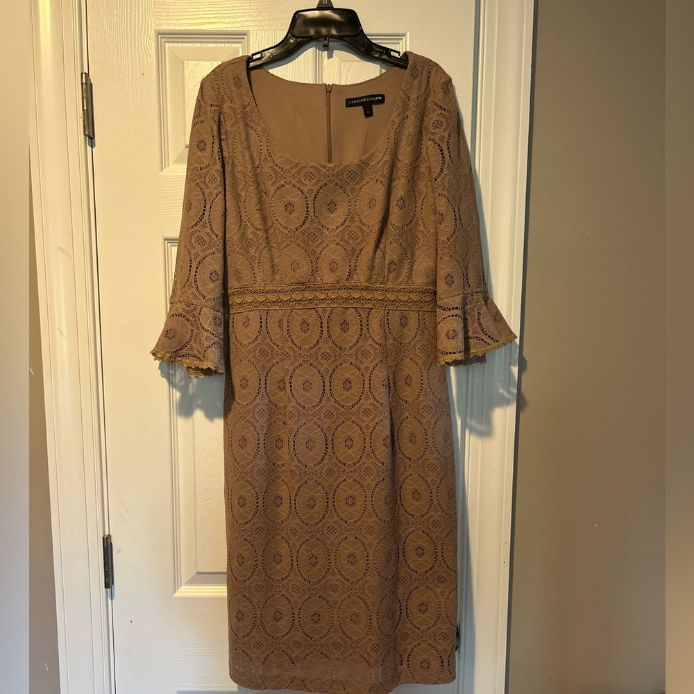 Gold Sheath Dress with Bell Sleeves and Square Neckline